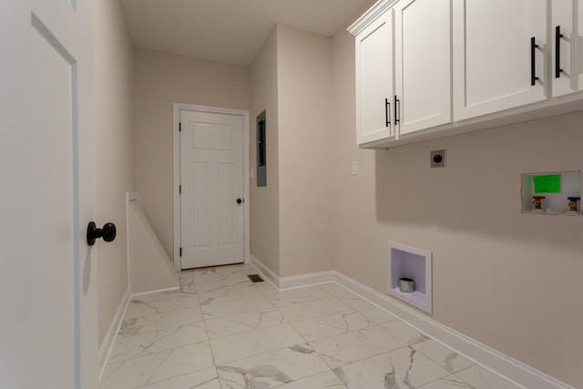 laundry room featuring cabinet space, baseboards, marble finish floor, hookup for an electric dryer, and washer hookup