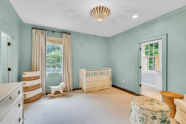 bedroom featuring ornamental molding, recessed lighting, multiple windows, and baseboards