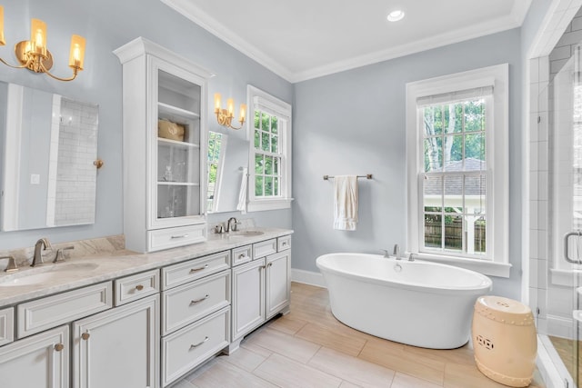 bathroom featuring plenty of natural light, crown molding, a sink, and a shower stall