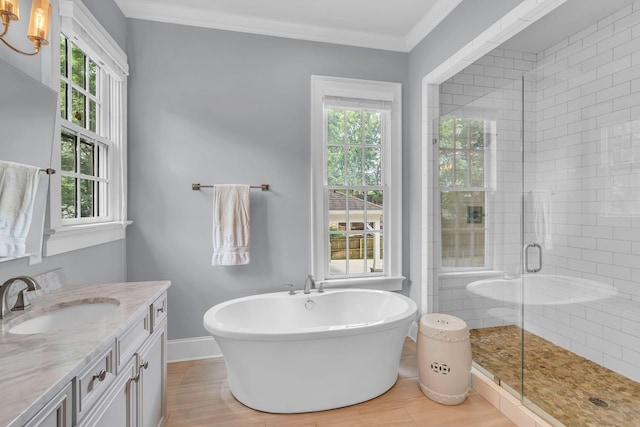 full bath with a freestanding tub, vanity, baseboards, ornamental molding, and a shower stall