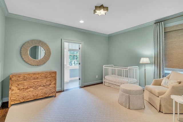 bedroom with ornamental molding, recessed lighting, and baseboards