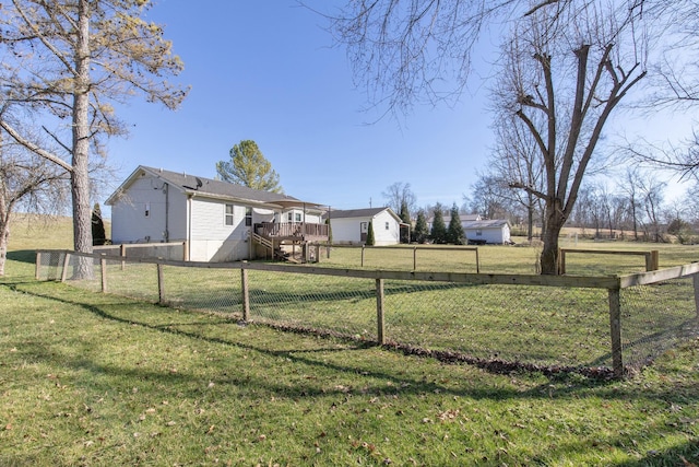 view of yard featuring a fenced backyard, a deck, and a rural view