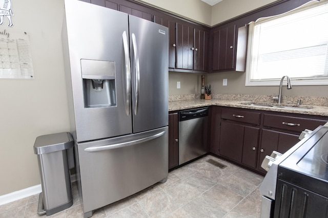 kitchen with stainless steel appliances, visible vents, a sink, and dark brown cabinetry