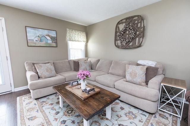 living room featuring wood finished floors and baseboards