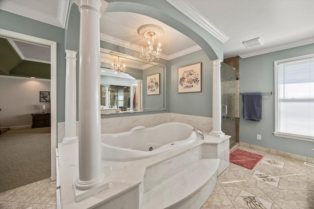 full bathroom featuring visible vents, a tub with jets, a stall shower, decorative columns, and crown molding