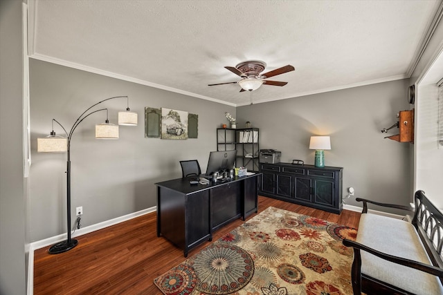 office featuring ceiling fan, a textured ceiling, wood finished floors, and crown molding