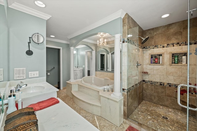 full bath featuring a stall shower, ornamental molding, a garden tub, and vanity