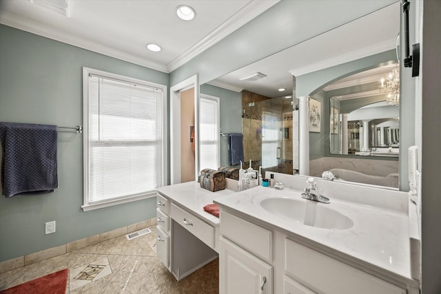 full bath with vanity, visible vents, baseboards, ornamental molding, and a shower stall