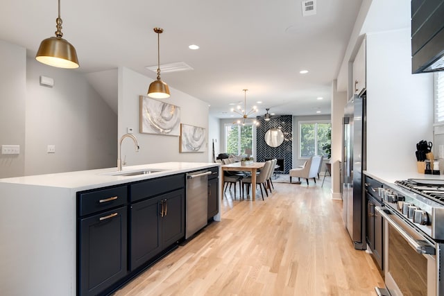 kitchen featuring high end appliances, light countertops, visible vents, light wood-style floors, and a sink