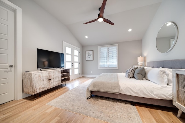 bedroom with baseboards, lofted ceiling, ceiling fan, wood finished floors, and recessed lighting