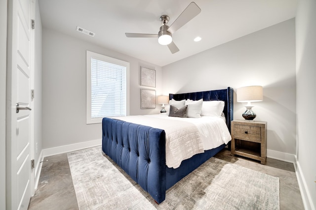 bedroom with baseboards, visible vents, ceiling fan, and concrete flooring