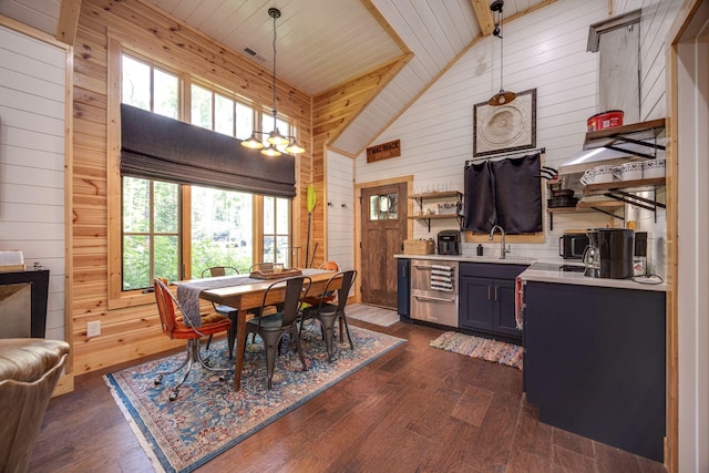 dining space featuring high vaulted ceiling, wood ceiling, wood walls, and dark wood-style flooring