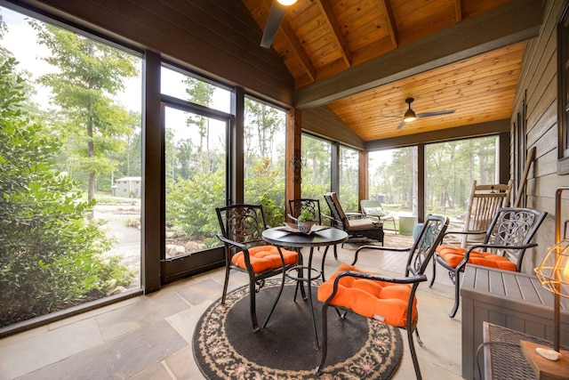 sunroom featuring lofted ceiling with beams, ceiling fan, and wood ceiling