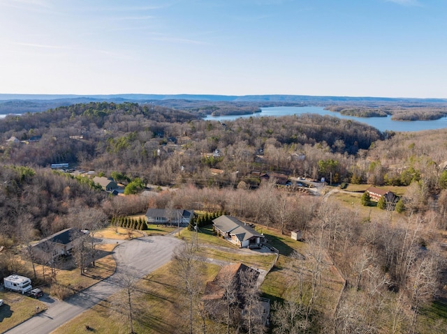 birds eye view of property with a water view and a wooded view