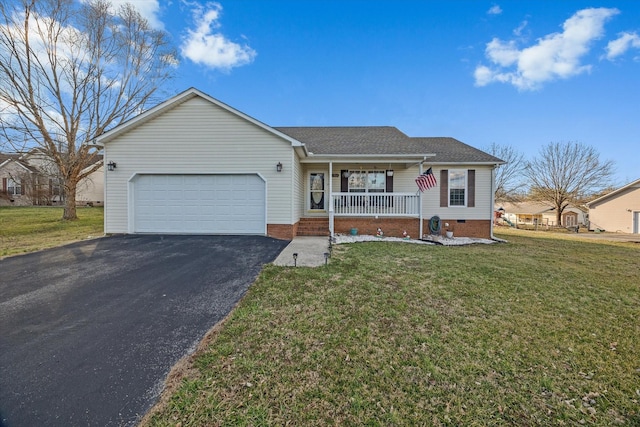 ranch-style house featuring aphalt driveway, covered porch, a front yard, crawl space, and a garage