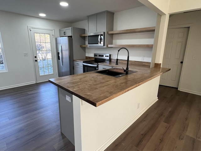 kitchen featuring open shelves, appliances with stainless steel finishes, dark wood-style flooring, and a sink