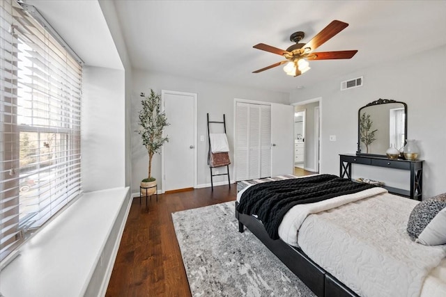 bedroom with dark wood-style flooring, two closets, visible vents, a ceiling fan, and baseboards