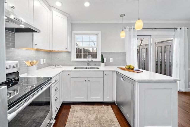 kitchen with under cabinet range hood, a peninsula, a sink, appliances with stainless steel finishes, and crown molding