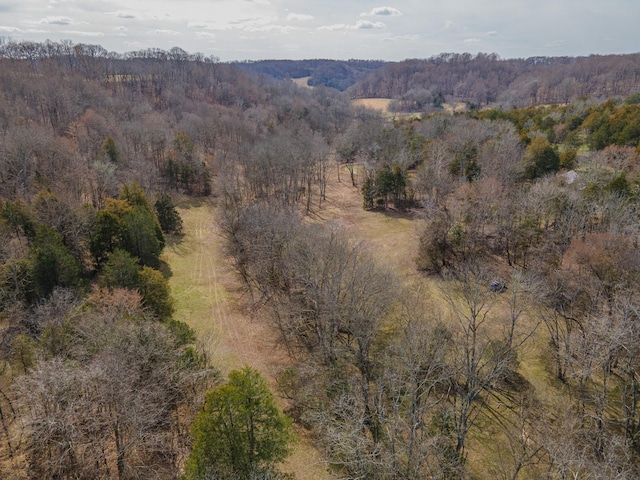 drone / aerial view with a wooded view