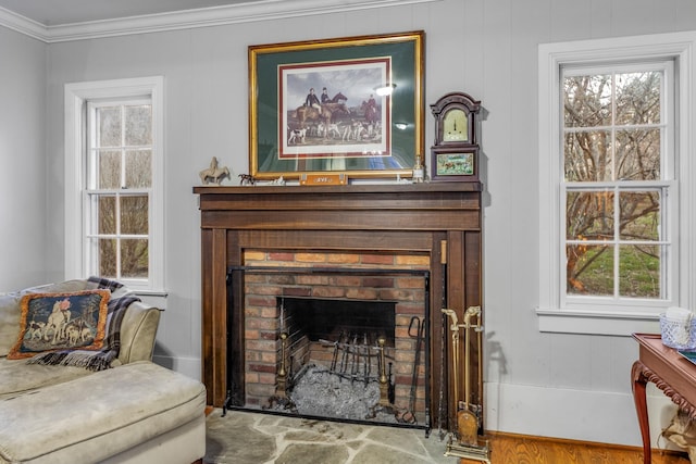 interior space featuring crown molding and a fireplace