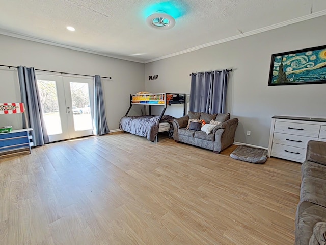 bedroom with light wood finished floors, french doors, access to exterior, crown molding, and a textured ceiling