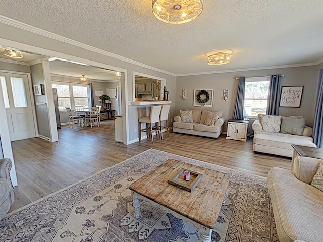 living area with a healthy amount of sunlight, crown molding, a textured ceiling, and wood finished floors