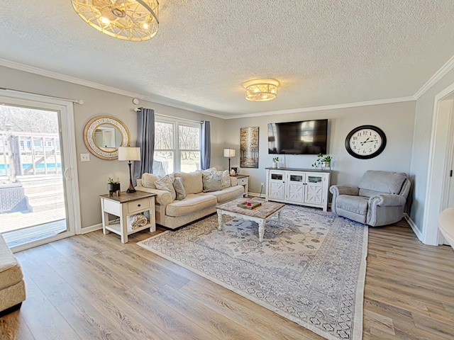 living room featuring crown molding, a textured ceiling, baseboards, and wood finished floors