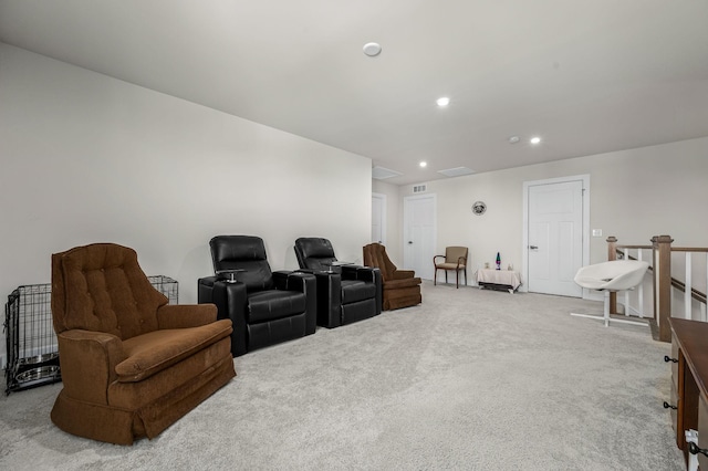 carpeted home theater room featuring recessed lighting and visible vents