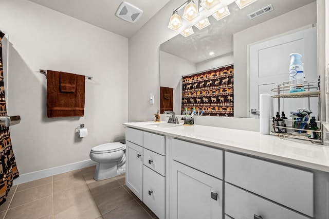 full bath with toilet, tile patterned flooring, visible vents, and vanity