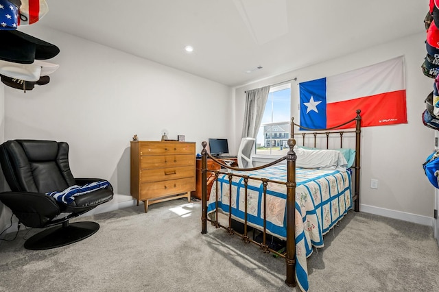 carpeted bedroom with baseboards and recessed lighting