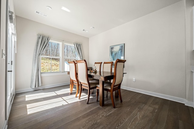 dining room featuring visible vents, dark wood finished floors, and baseboards