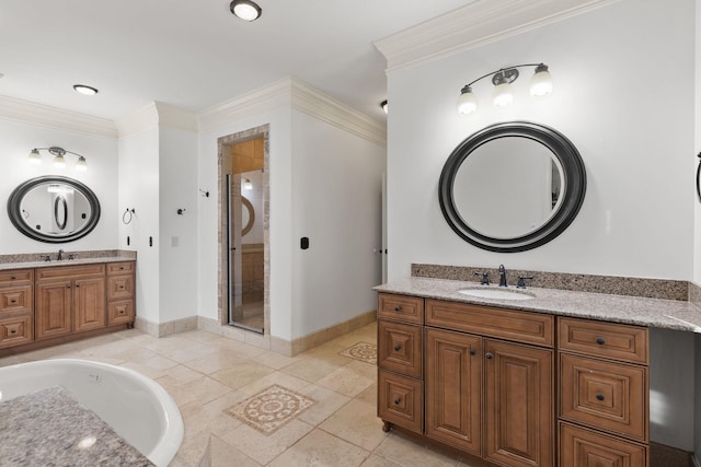 full bath with ornamental molding, a stall shower, a sink, and baseboards