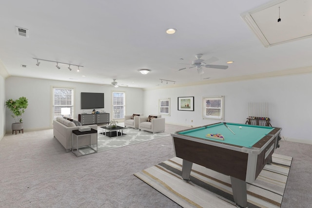 game room featuring visible vents, attic access, carpet flooring, track lighting, and billiards