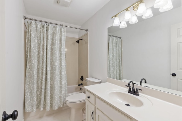 full bathroom with toilet, shower / bathtub combination with curtain, visible vents, and vanity