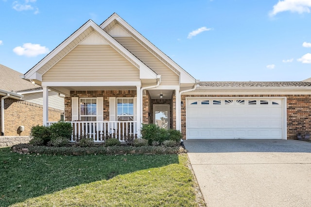 view of front of property featuring an attached garage, covered porch, brick siding, driveway, and a front lawn