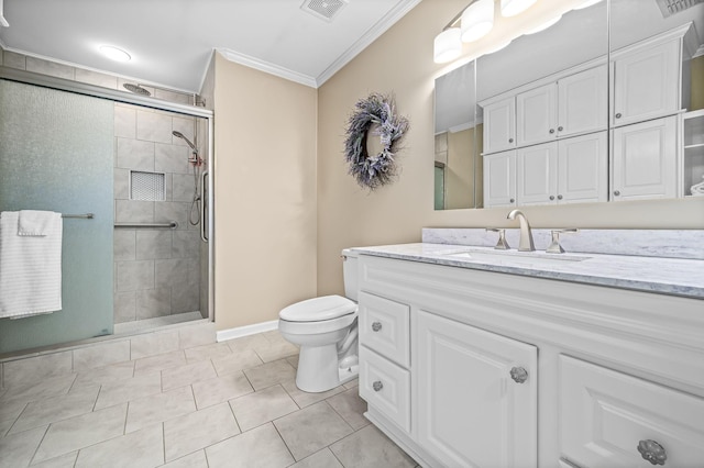 bathroom featuring visible vents, toilet, crown molding, vanity, and a shower stall