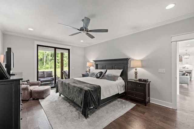 bedroom featuring access to exterior, recessed lighting, dark wood-type flooring, ornamental molding, and baseboards