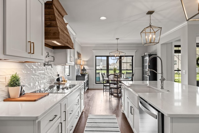 kitchen featuring crown molding, decorative backsplash, dishwasher, dark wood finished floors, and custom range hood