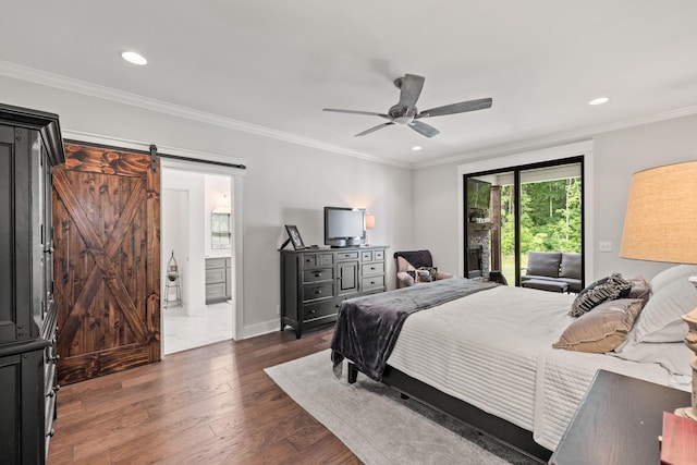 bedroom with a barn door, recessed lighting, dark wood-style flooring, access to exterior, and crown molding