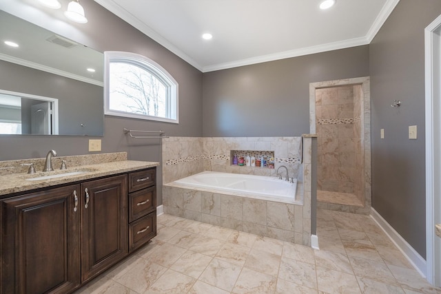 full bathroom with visible vents, ornamental molding, a garden tub, walk in shower, and vanity