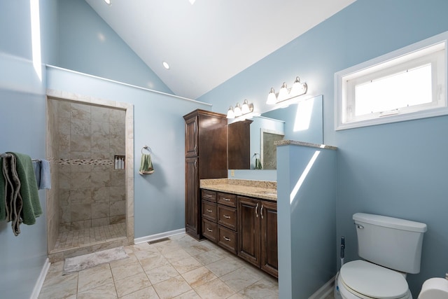 full bathroom with toilet, vaulted ceiling, vanity, baseboards, and walk in shower