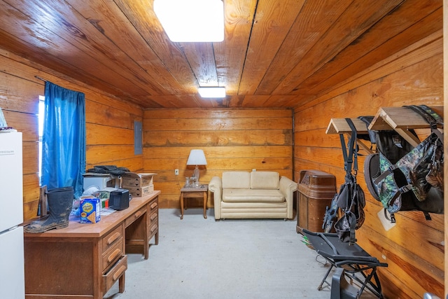 interior space featuring wooden ceiling and wooden walls