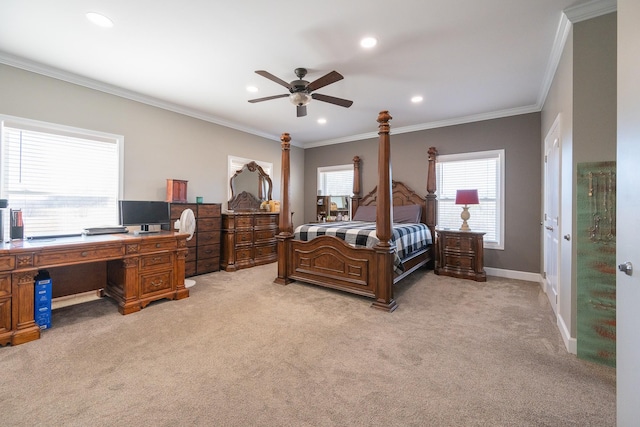 bedroom with baseboards, light colored carpet, ceiling fan, crown molding, and recessed lighting