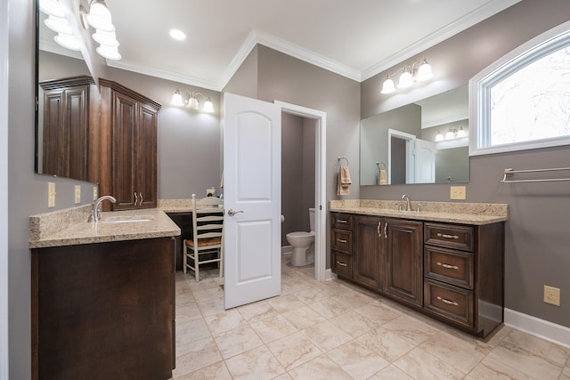 full bathroom with ornamental molding, baseboards, vanity, and toilet