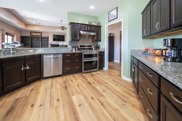 kitchen featuring light wood-style flooring, under cabinet range hood, a sink, appliances with stainless steel finishes, and tasteful backsplash