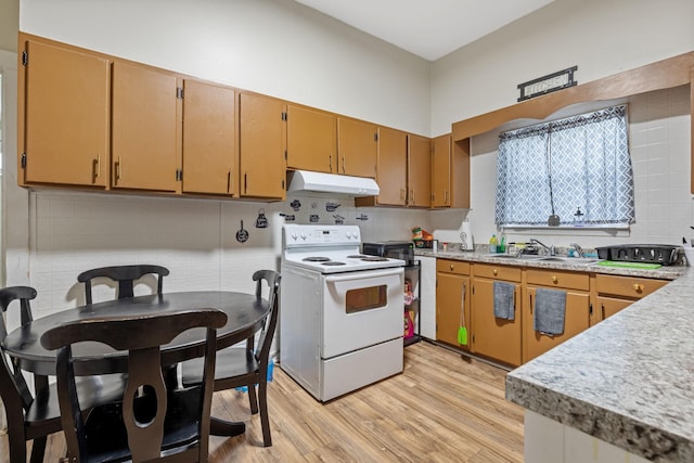 kitchen with electric stove, light wood-style flooring, backsplash, under cabinet range hood, and a sink