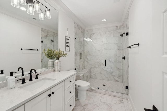 full bathroom with toilet, marble finish floor, a marble finish shower, and ornamental molding