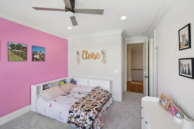 bedroom with crown molding, baseboards, carpet flooring, and recessed lighting