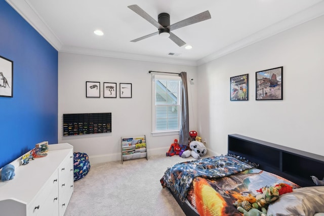 bedroom featuring recessed lighting, carpet flooring, visible vents, baseboards, and crown molding