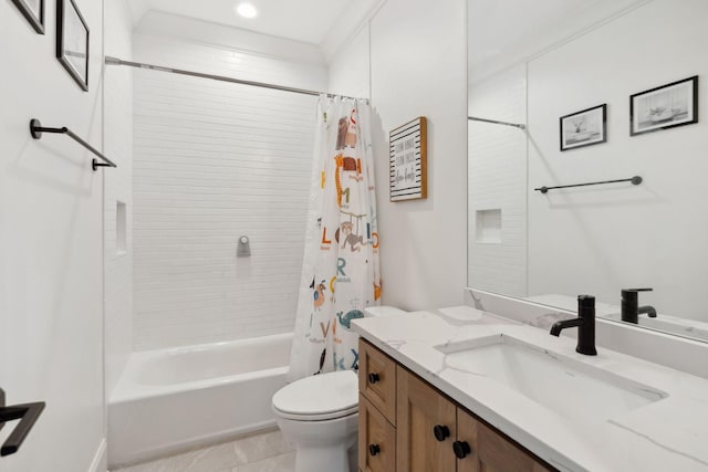 bathroom with toilet, shower / bath combo, and vanity